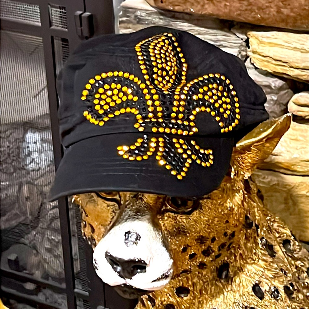 Fleur De Lis Black and Gold Baseball Cap. Rhinestones. Adjustable. Never used
